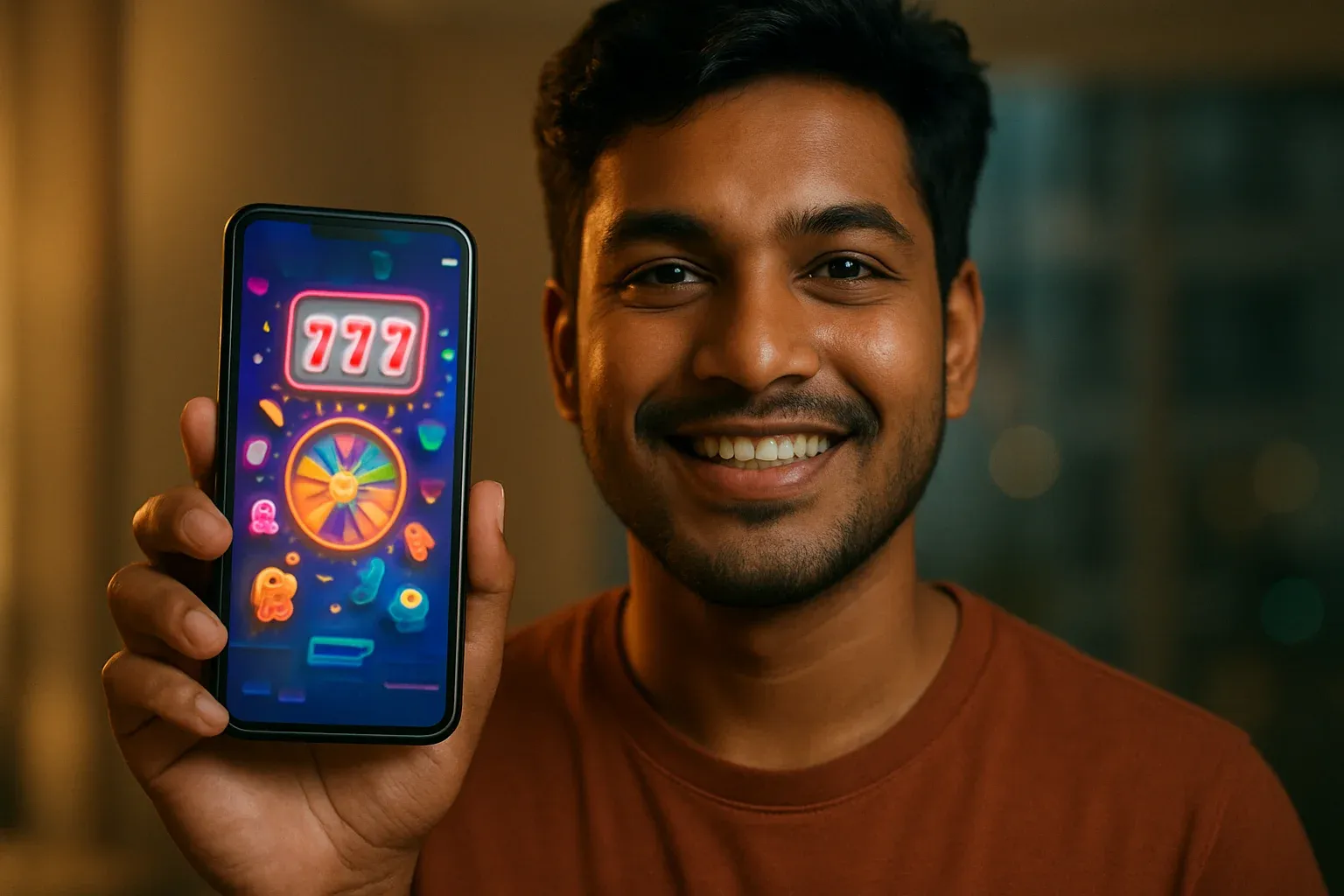 Young Bangladeshi man holding smartphone with colorful casino app interface