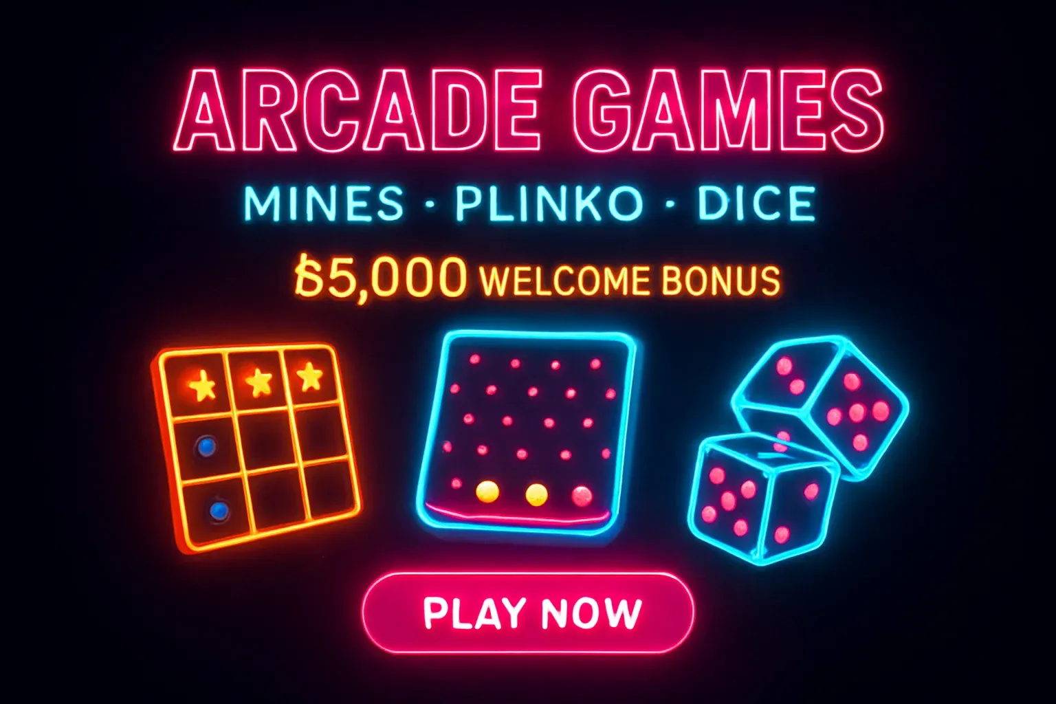 Neon arcade games banner with mines, plinko, dice, and play button