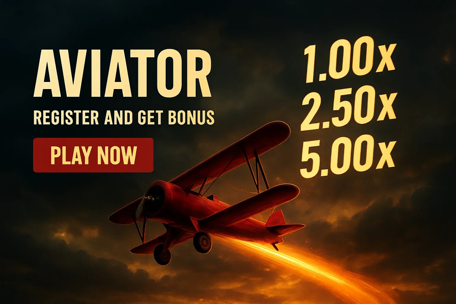 Aviator crash game banner with red plane, multipliers, and play button