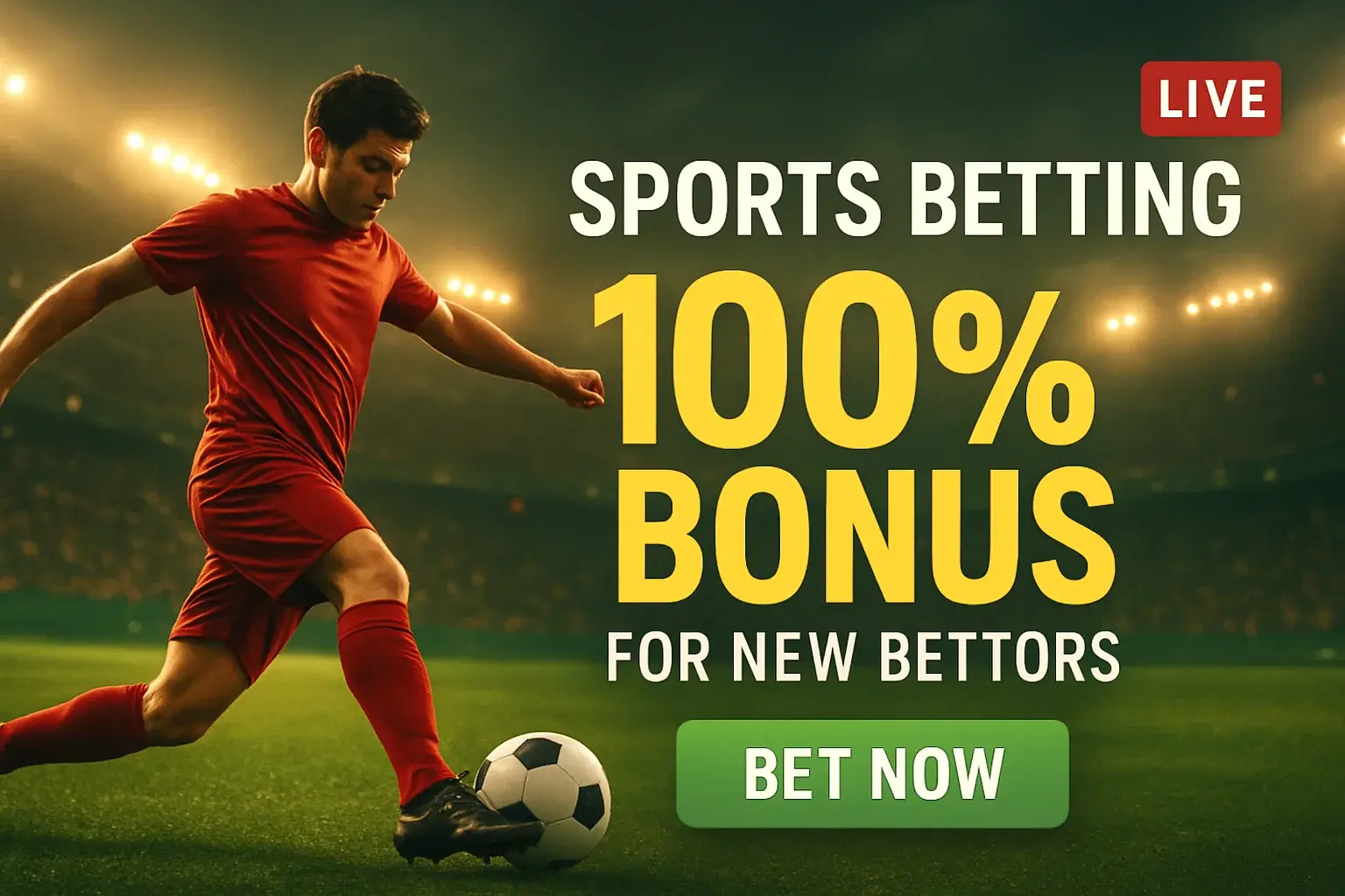Sports betting banner with footballer, stadium, bonus offer, and bet button
