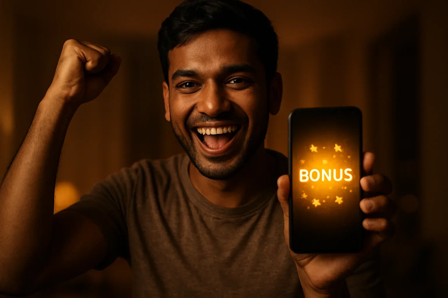 Joyful Bangladeshi man holding smartphone with glowing bonus notification screen