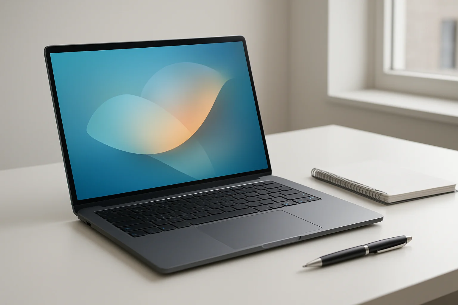 Modern laptop on white desk with pen and notepad