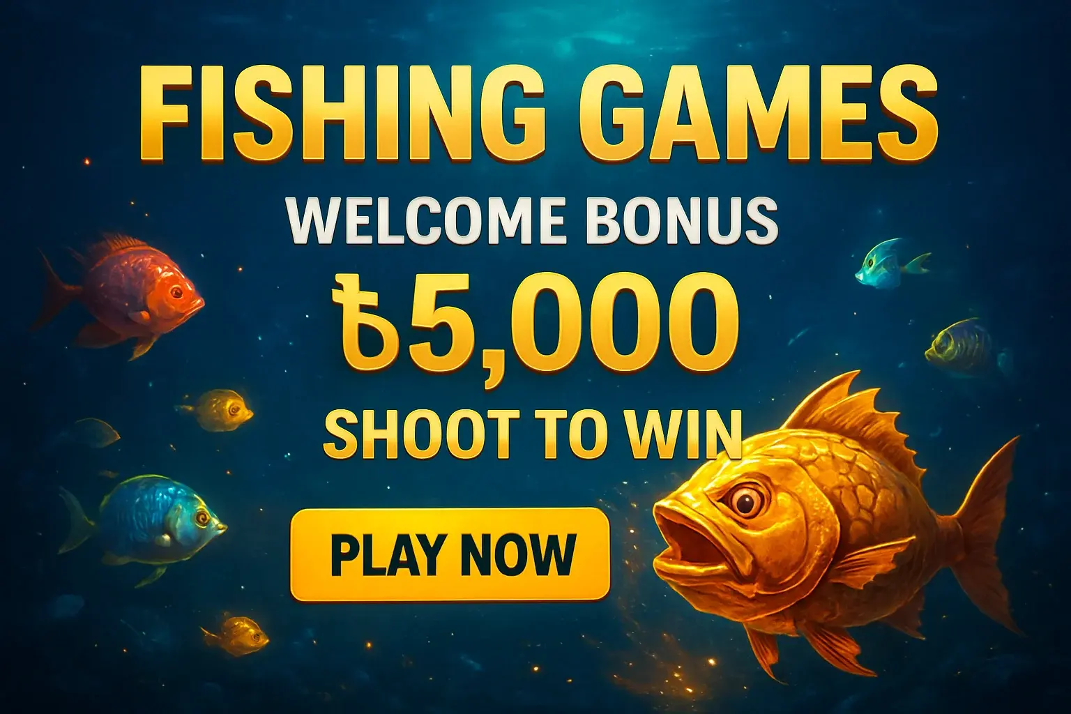 Fishing arcade banner with underwater boss fish, bonus offer, and play button
