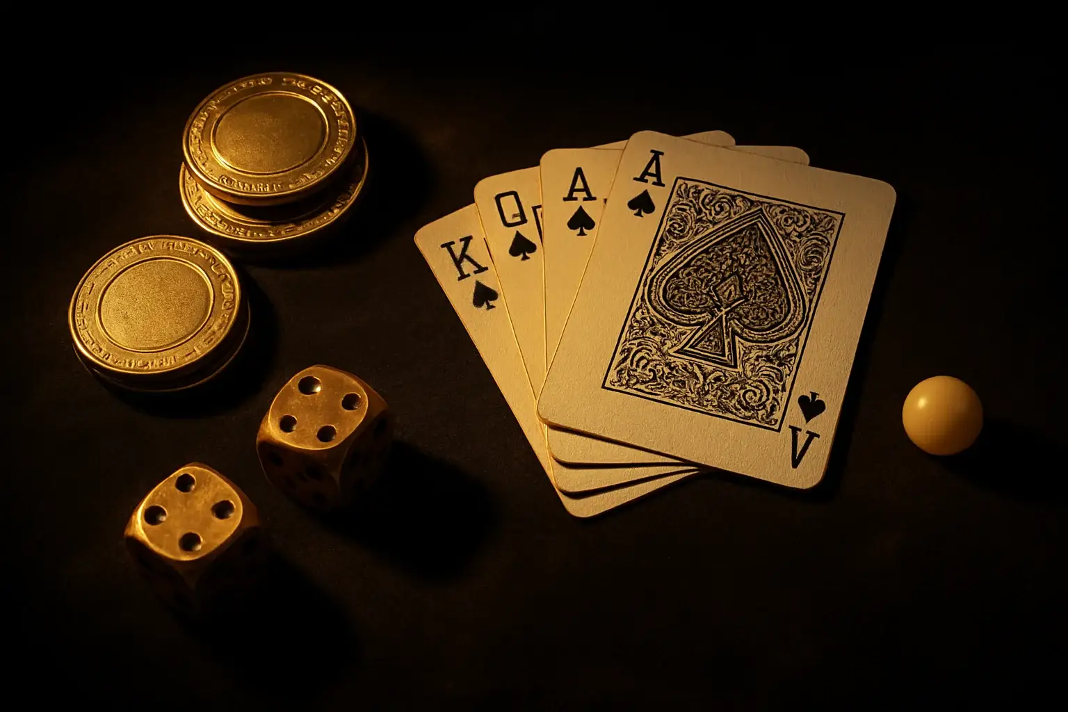Golden casino chips, playing cards, dice, and roulette ball on velvet
