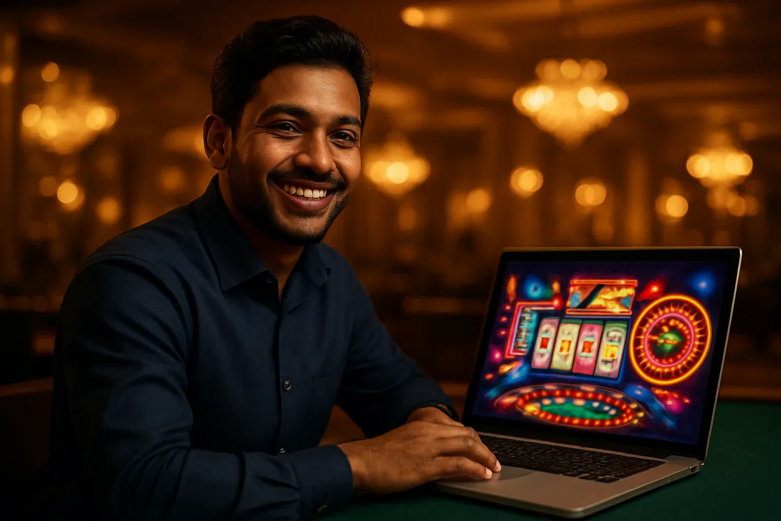 Cheerful Bangladeshi man smiling at laptop in luxury casino lounge