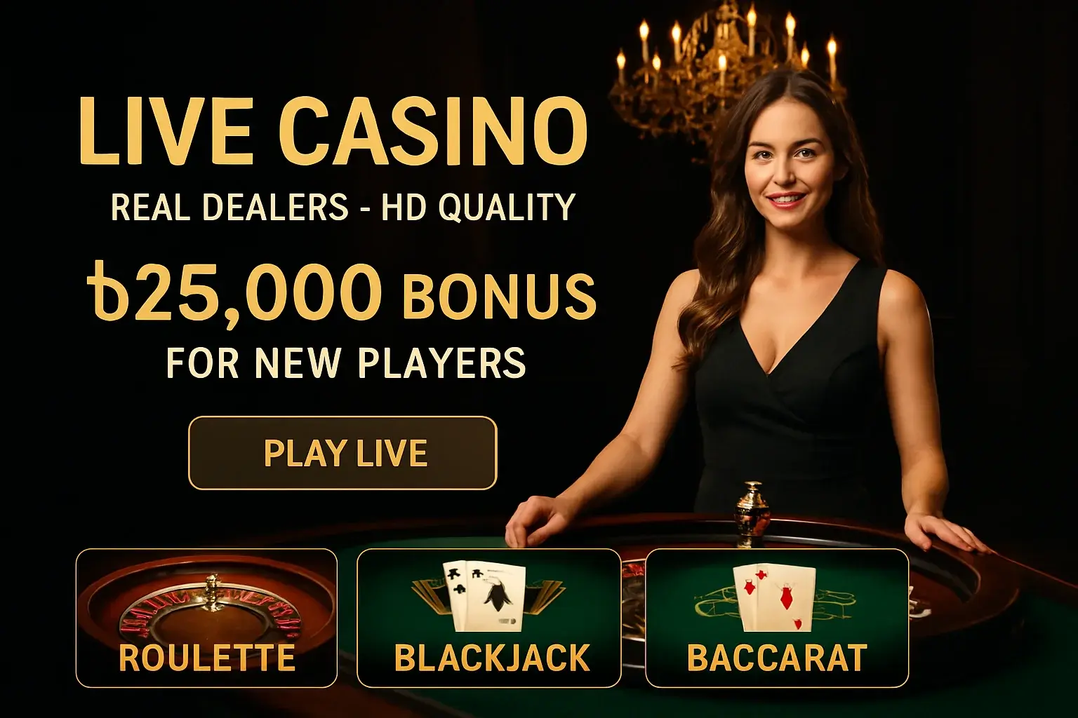 Live casino banner with female dealer, roulette table, and Bangladesh bonus offer