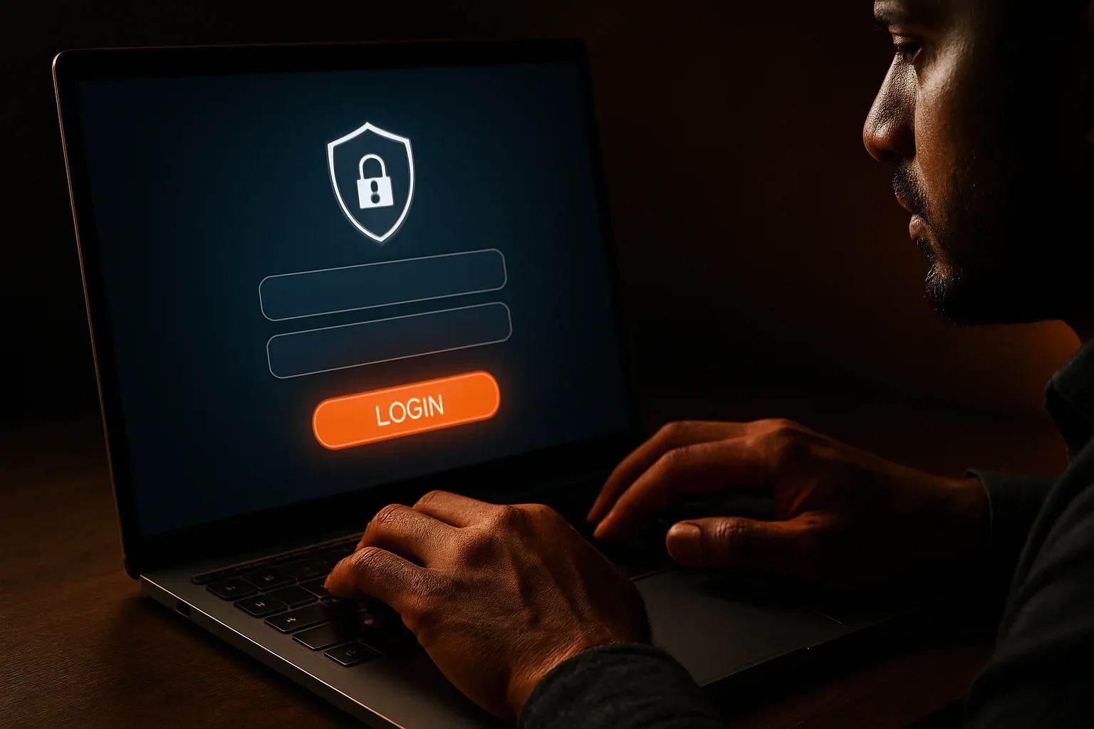 Bangladeshi man's hands on laptop showing stylized login form screen