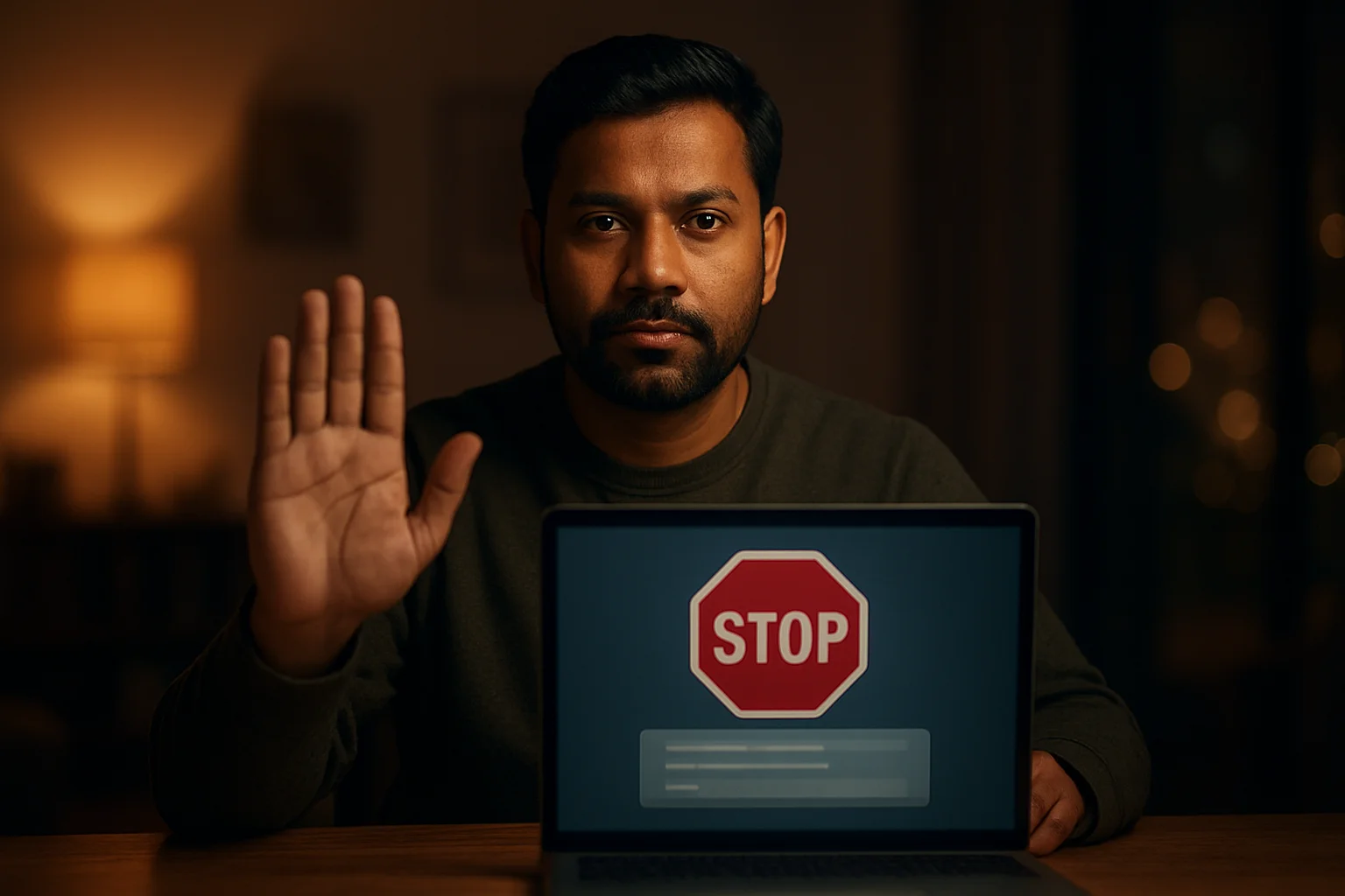 Bangladeshi man shows stop gesture beside laptop with responsible gambling screen