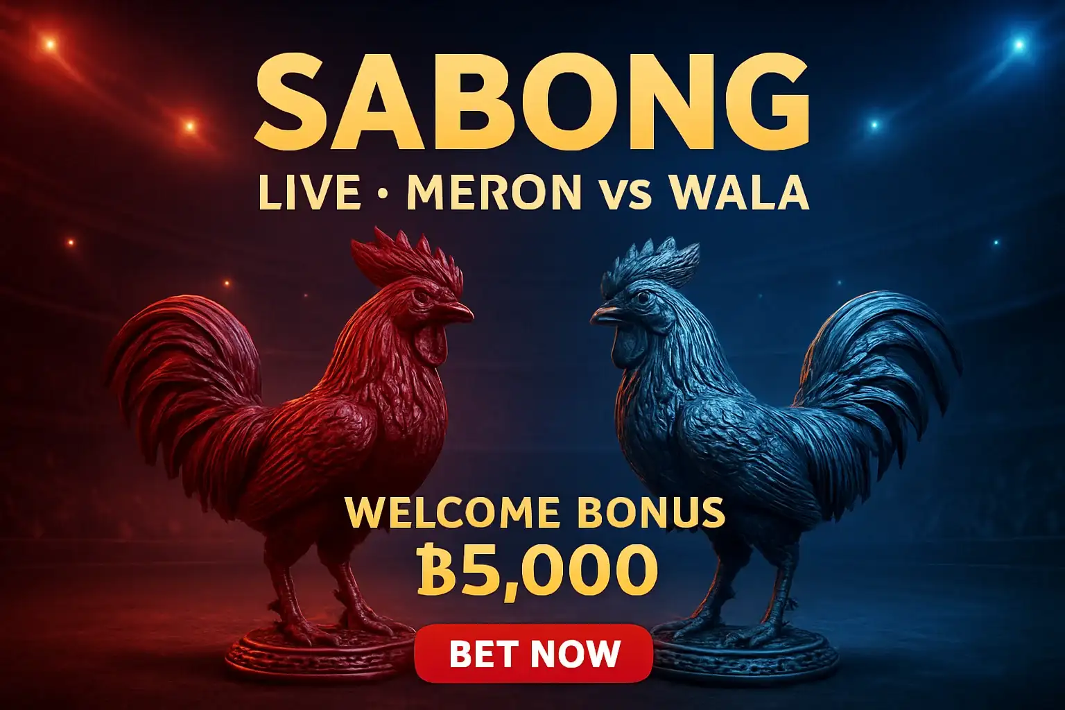 Live sabong banner with decorative rooster figurines and bonus offer