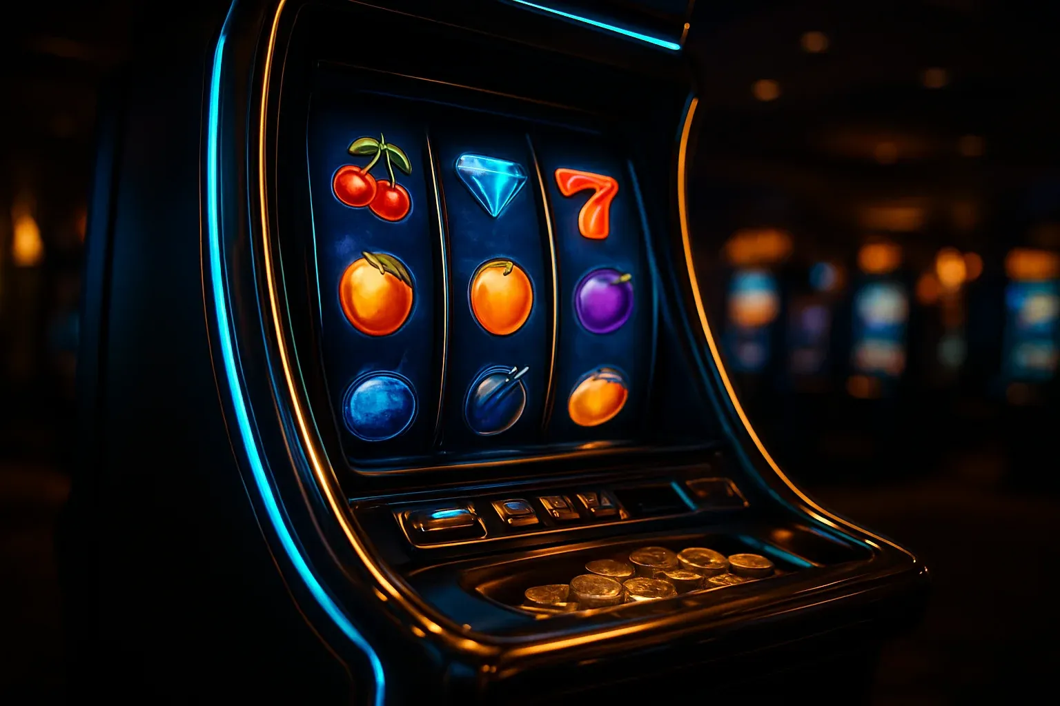 Hyperrealistic premium slot machine with glowing reels in luxury casino